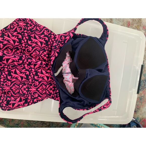 Women's Lands End Pink Navy Hobo Printed One Piece Bathing Swimsuit - Picture 7 of 10